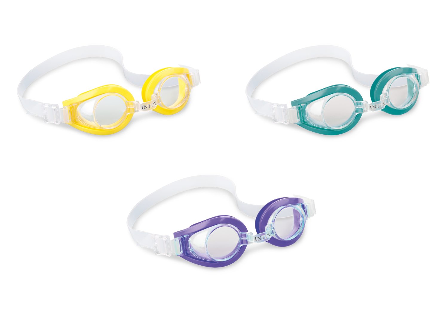 Assorted kids swim goggles set with yellow, teal, and purple frames