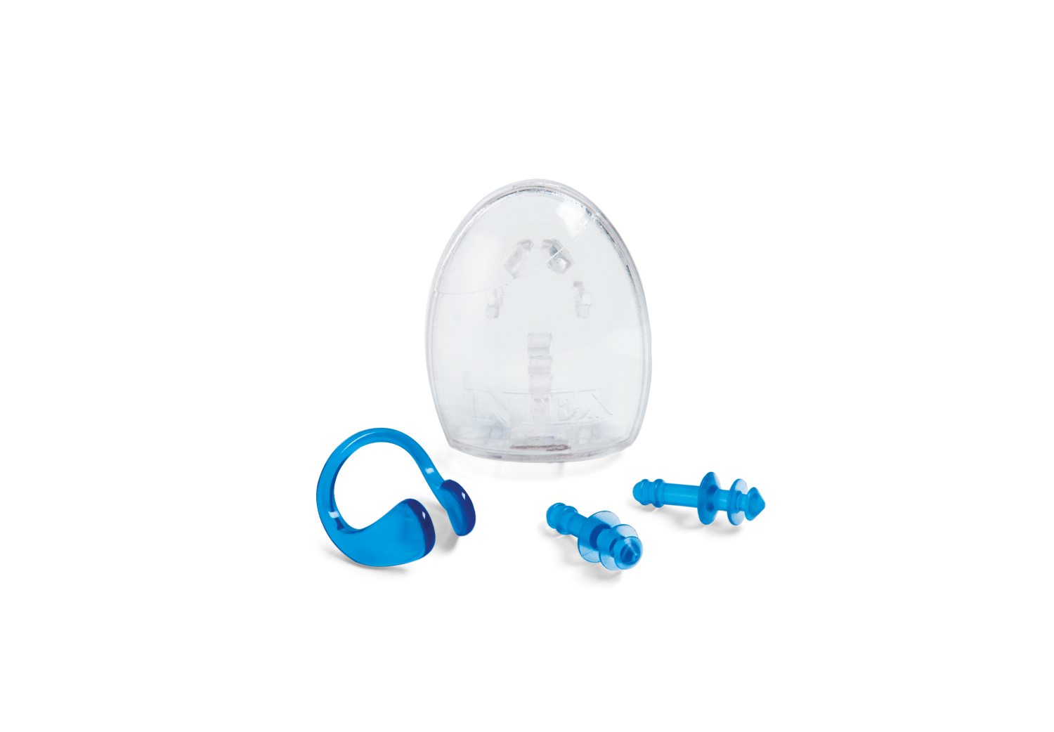 Blue ear plugs and clear nose clip set, including two ear tips and nose piece