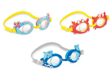 Assorted kids swim goggles with butterfly, crab, and shark face designs; adjustable strap