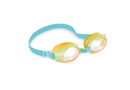 Junior swim goggles with blue strap and yellow, orange, and green frames
