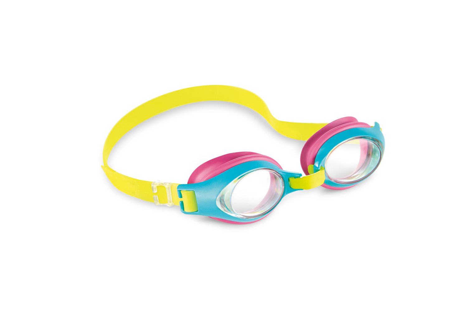 Junior swim goggles with yellow strap and pink, teal, and blue frames