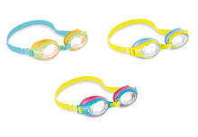 Set of three junior swim goggles with blue, yellow, and pink multicolor frames