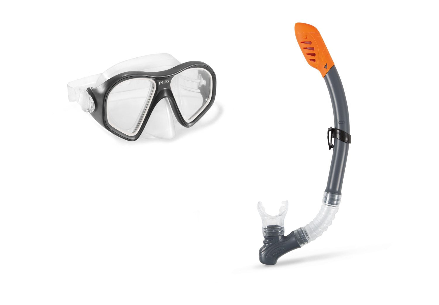 Reef Rider swim set: black swim mask with clear lenses and orange snorkel tube