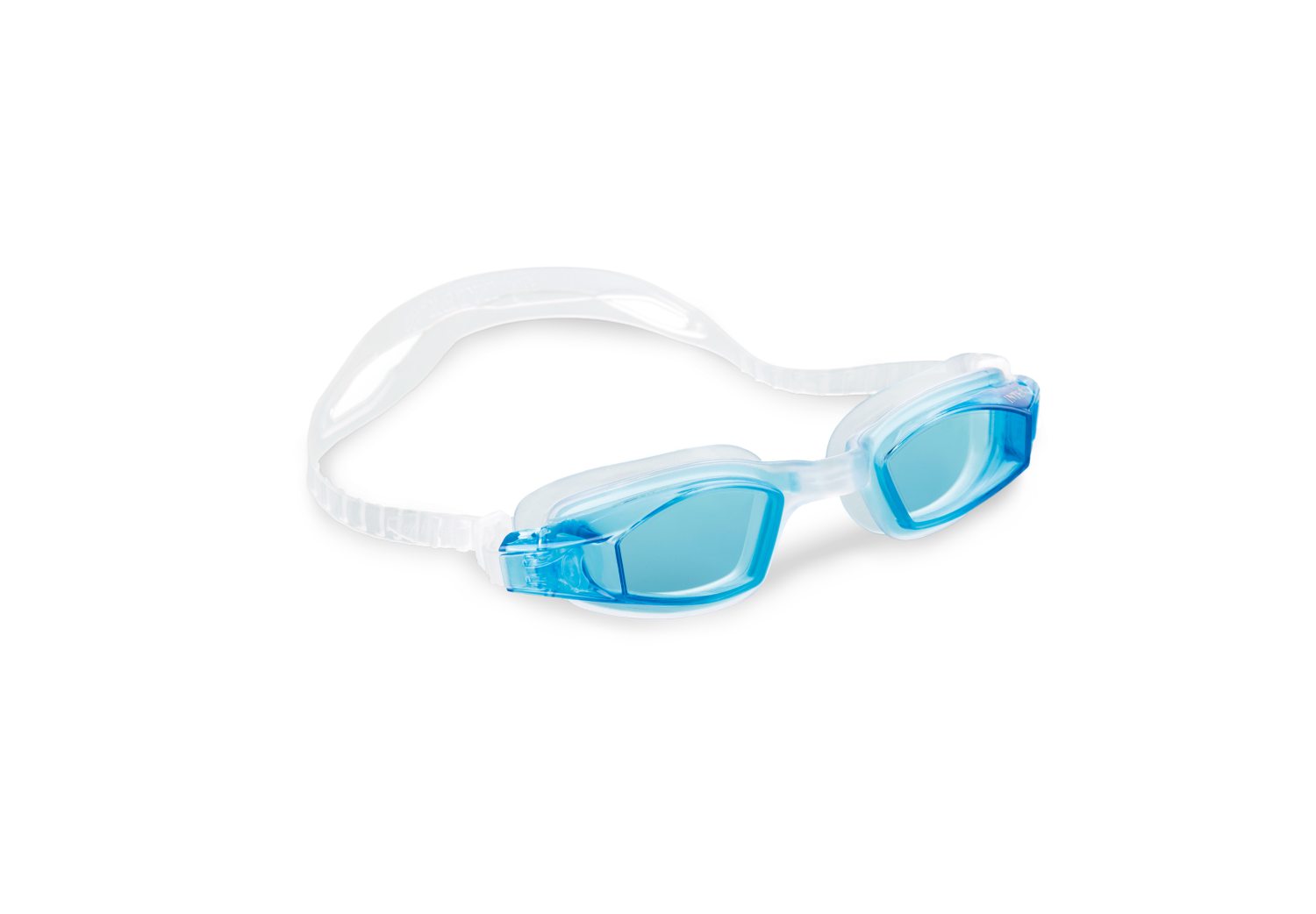 Sport goggles with white strap and blue tinted lenses