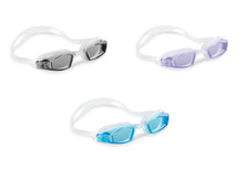 Sport goggles with white strap, gray and purple and blue frames