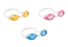 Sport relay swim goggles set: yellow, pink and blue with clear strap
