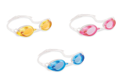 Sport relay swim goggles set: yellow, pink and blue with clear strap
