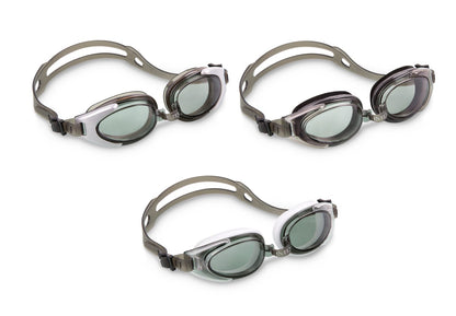 Water sport goggles with clear frame, tinted lenses, and gray strap buckles