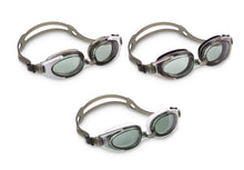 Water sport goggles set with tinted green lenses and gray adjustable straps