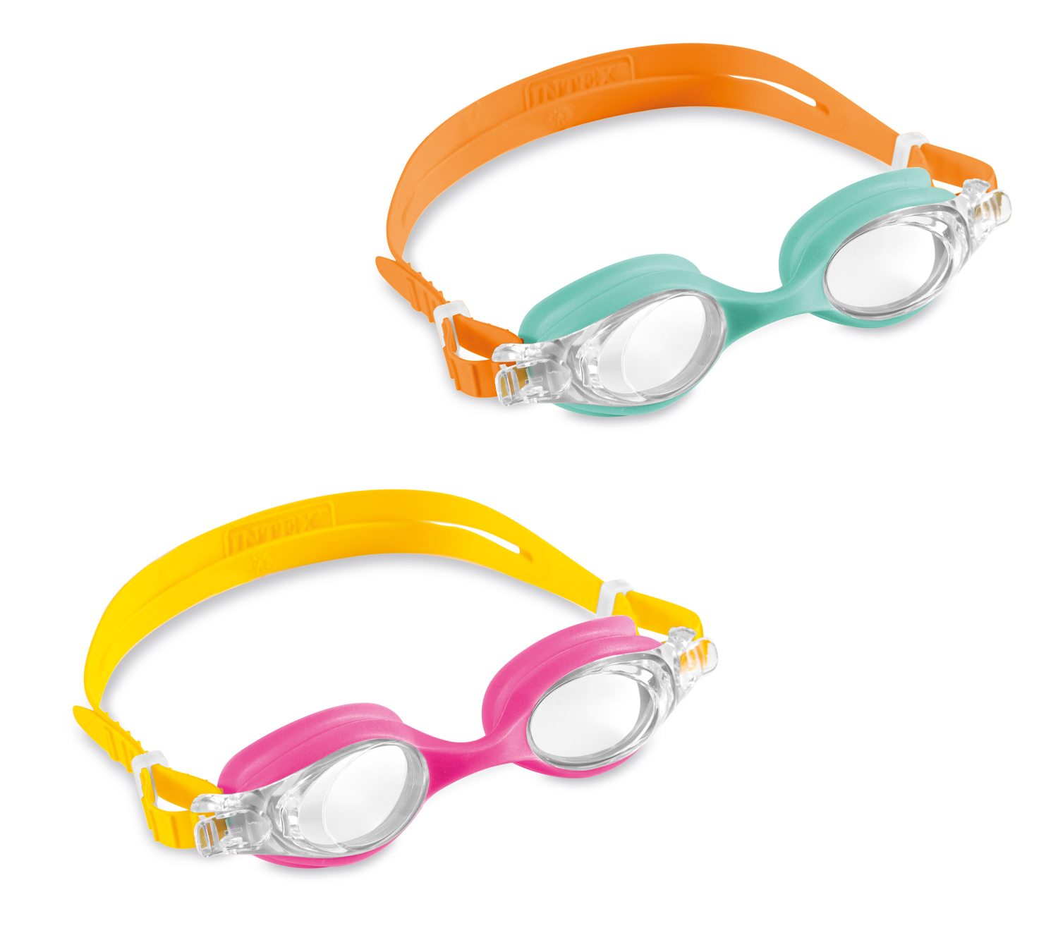 Kids goggles set with orange, teal, yellow, and pink frames and clear lenses