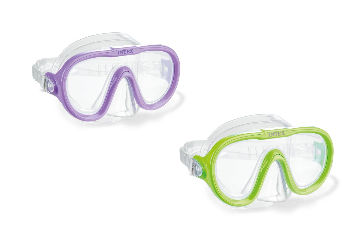 Swim masks set: clear lenses with purple and green frames
