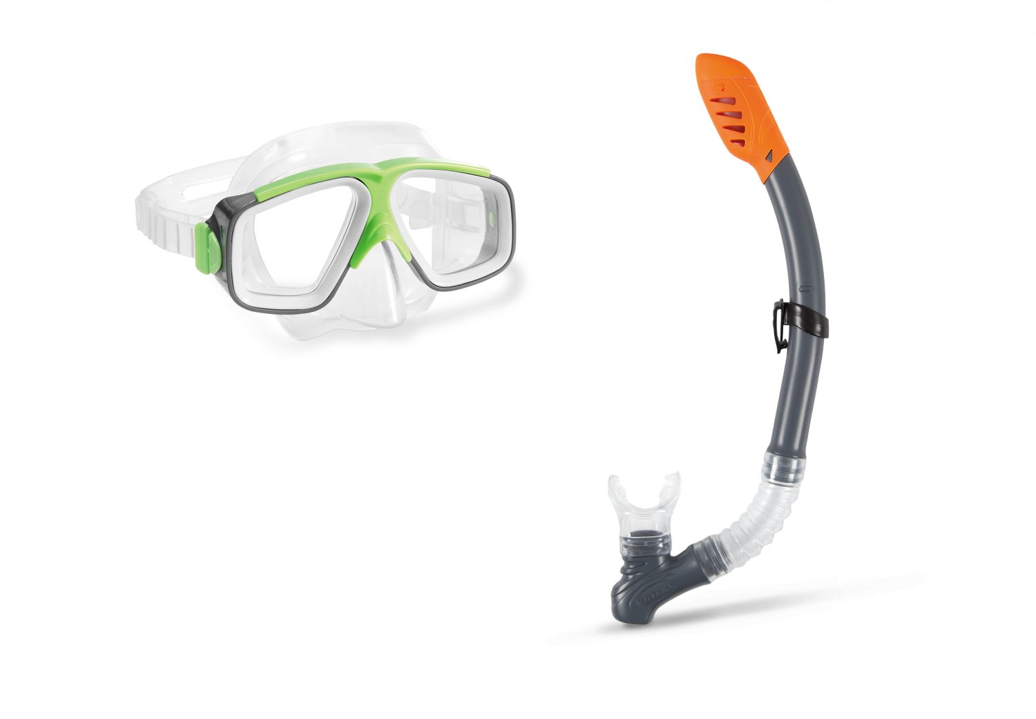 Swim set with clear snorkeling mask and orange-and-gray snorkel, green trim
