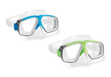 Assorted snorkel masks set with clear lenses, blue and green frames
