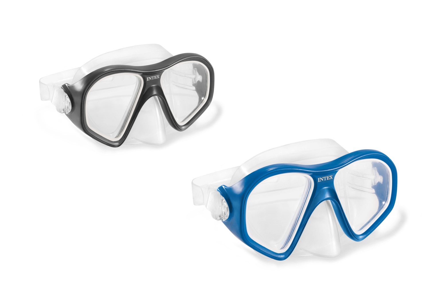 Assorted swim snorkel masks, black and blue with clear face panels and snorkel mouthpiece