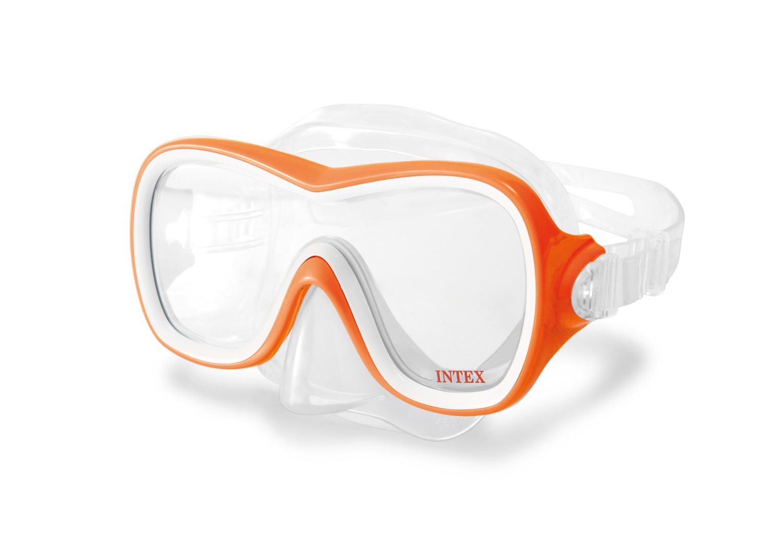 Swim mask with orange frame and gray seal, clear face shield, INTEX logo