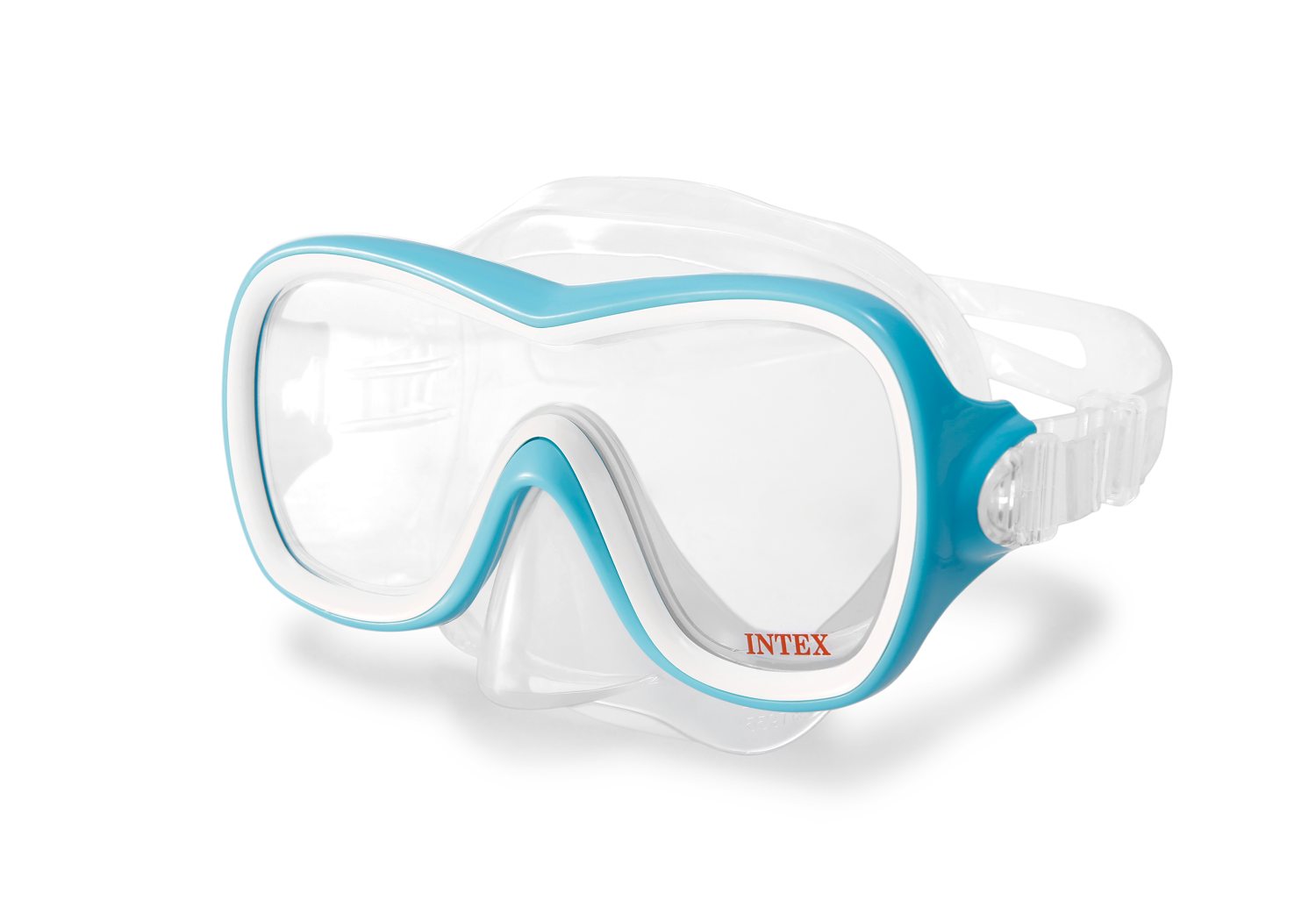 Swim mask with blue frame and gray seal, clear face shield, INTEX logo