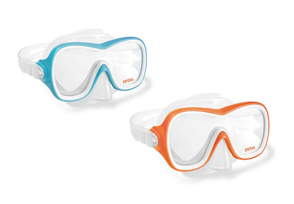 Assorted swim masks set: one teal and one orange with clear facepieces