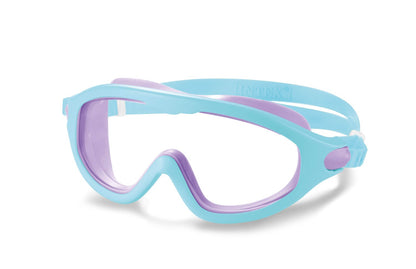 Kids swim mask, light blue frame with purple accents and clear lens