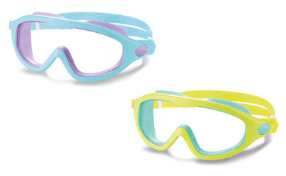 Kids swim mask, purple and light blue frame with clear lens and strap