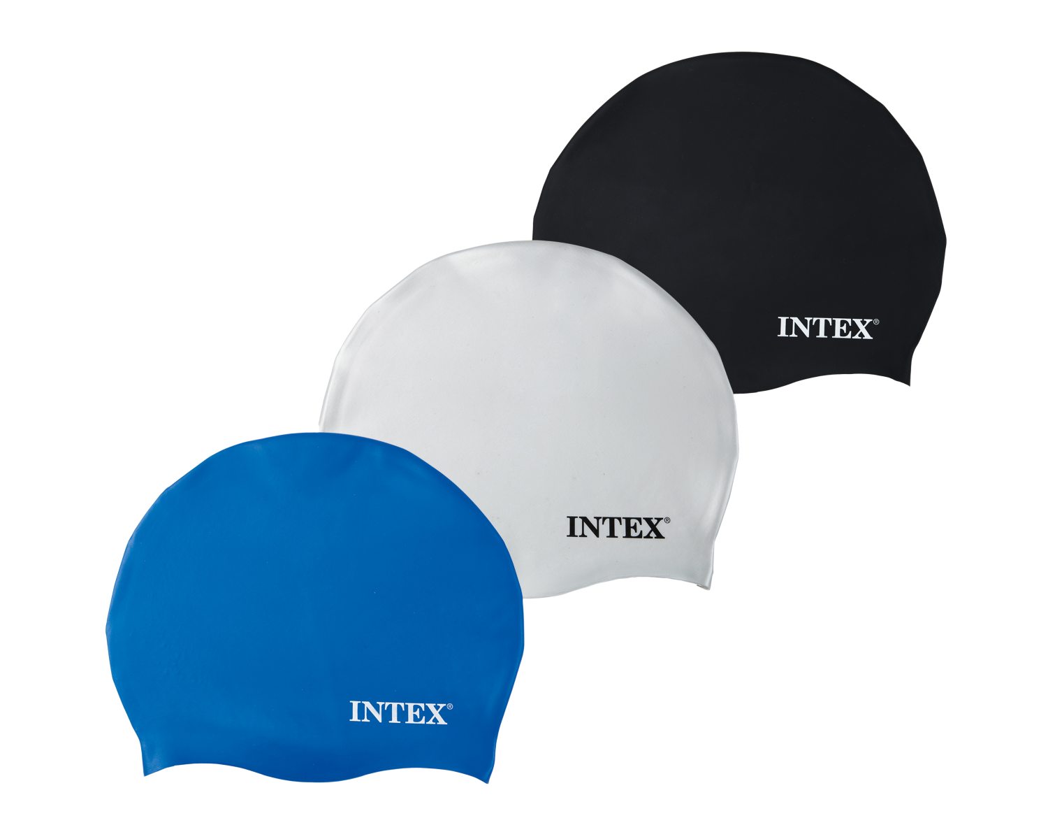 Silicone swim caps, assorted black, white, and blue with INTEX logo