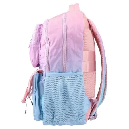 Kids backpack with side zip, pink top and blue mesh front pocket, adjustable straps