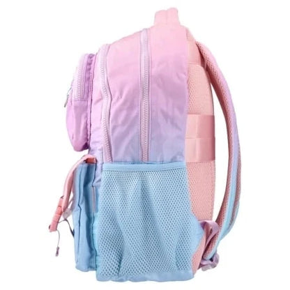 Kids backpack with side zip, pink top and blue mesh front pocket, adjustable straps
