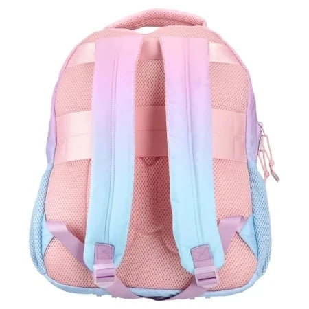 Kids backpack back view, padded straps and mesh panels in pink, lavender, and blue
