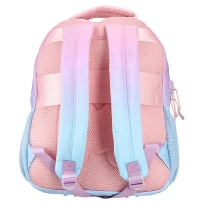 Kids backpack back view, padded straps and mesh panels in pink, lavender, and blue