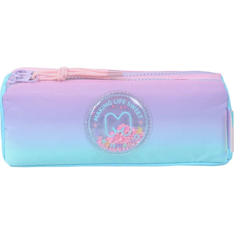 Pastel gradient pencil case with zipper and round logo patch