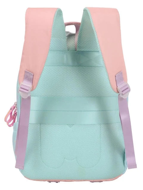 Turquoise backpack with pink adjustable straps and back panel, zipper pocket detail
