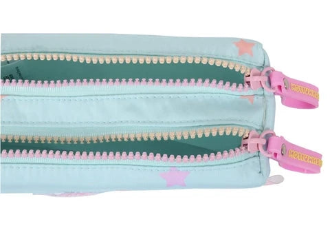 Stardust light blue pencil case close-up with pink double zippers and star print