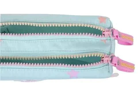 Light blue pencil case side close-up with two pink zipper rows and small heart accents.