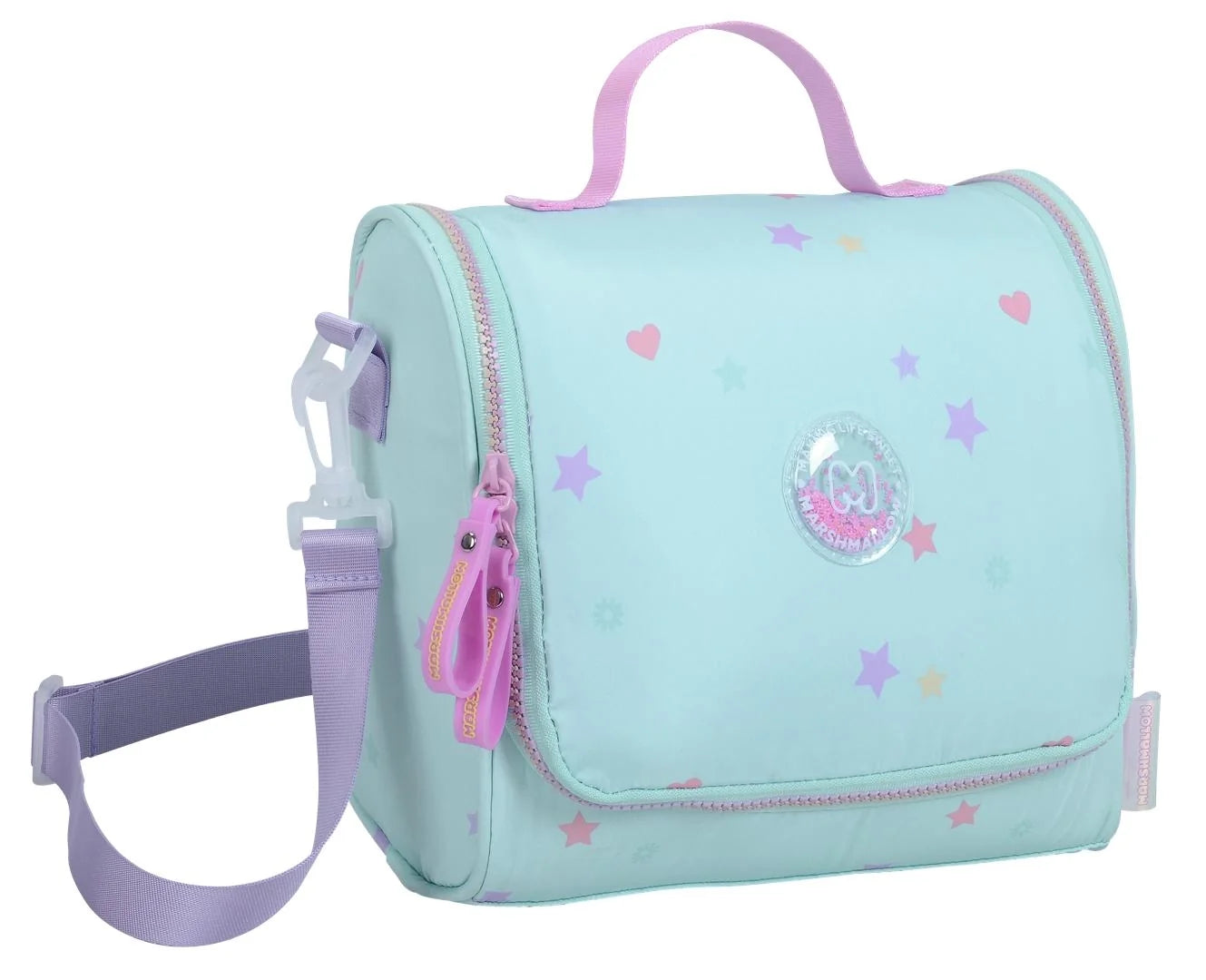 Light blue lunch bag with top handle, front zipper, pastel stars and hearts, strap