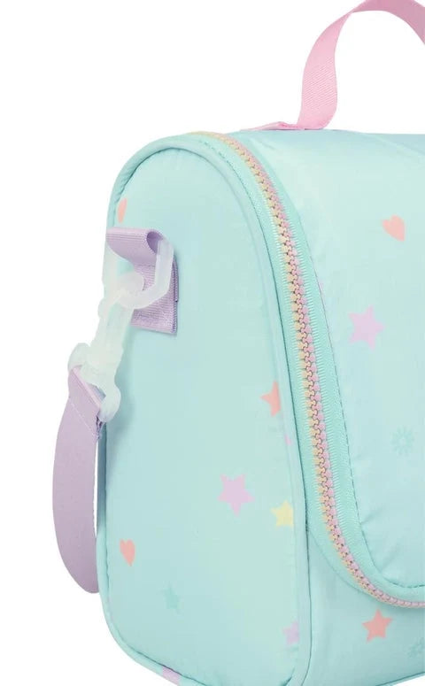 Light blue lunch bag side with rainbow zipper trim and pastel stars and hearts