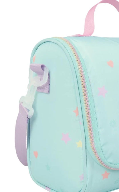 Light blue lunch bag side with rainbow zipper trim and pastel stars and hearts