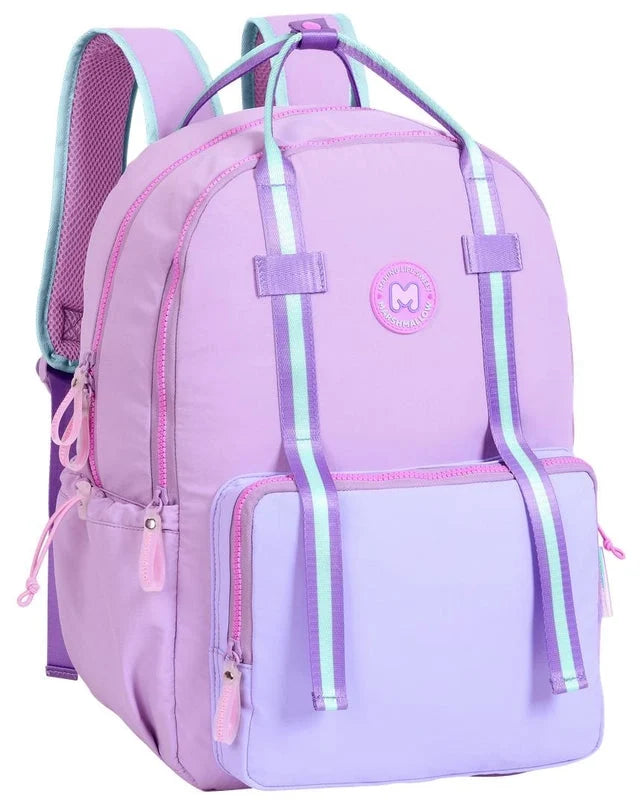Purple backpack with front zip pocket, top handle, and adjustable shoulder straps