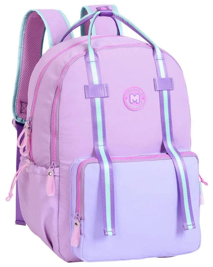 Purple backpack with front zip pocket, top handle, and adjustable shoulder straps