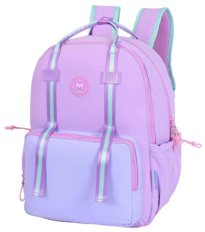 Purple backpack with front zip pockets, drawcord details, and adjustable straps