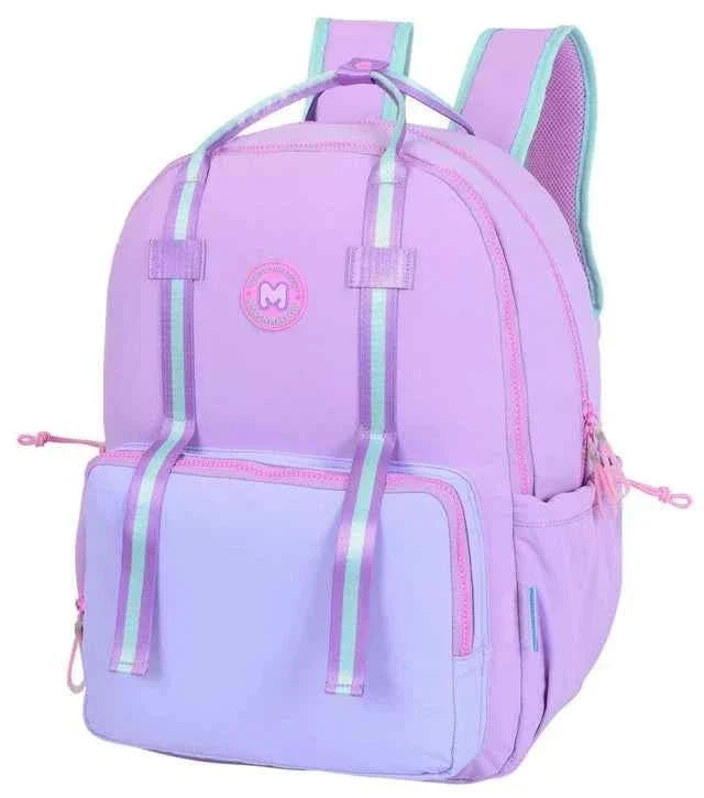 Marshmallow backpack, pale purple with zip compartments and pastel stripe accents