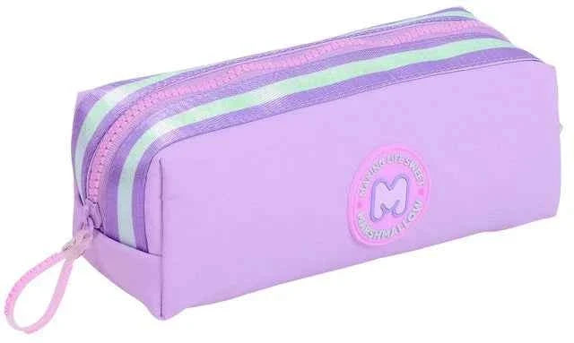 Lavender pencil case with double zippers and teal-and-lavender striped trim, wrist loop.