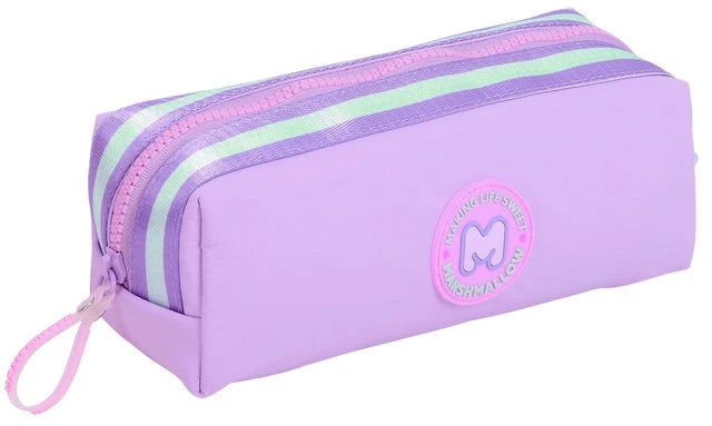 Purple pencil case with zip, teal-lavender stripe band, round logo, wrist strap