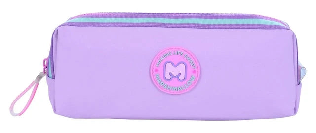 Lavender purple pencil case with top zip and round logo patch; front view