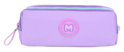 Lavender purple pencil case with top zip and round logo patch; front view