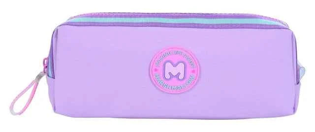 Lavender zip-up pencil case with wrist strap and round logo patch