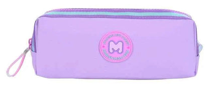 Lavender zip-up pencil case with wrist strap and round logo patch