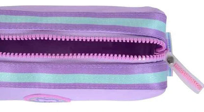 Lavender pencil case close-up showing striped zipper tape and pink fabric pull tab.