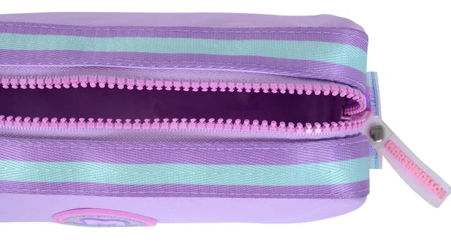 Open teal-striped zipper pencil case with pink zipper pull and round logo tag