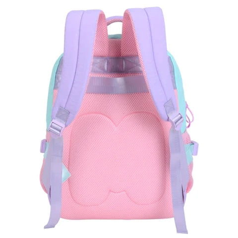 Caramello marshmallow backpack back view with pink padded panel and lilac straps
