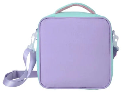 Square purple lunch bag with mint top handle and adjustable side straps