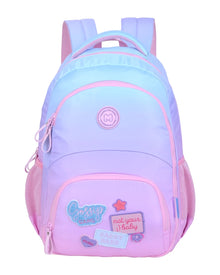 Light purple backpack with blue panel and pink trim, front zip pocket